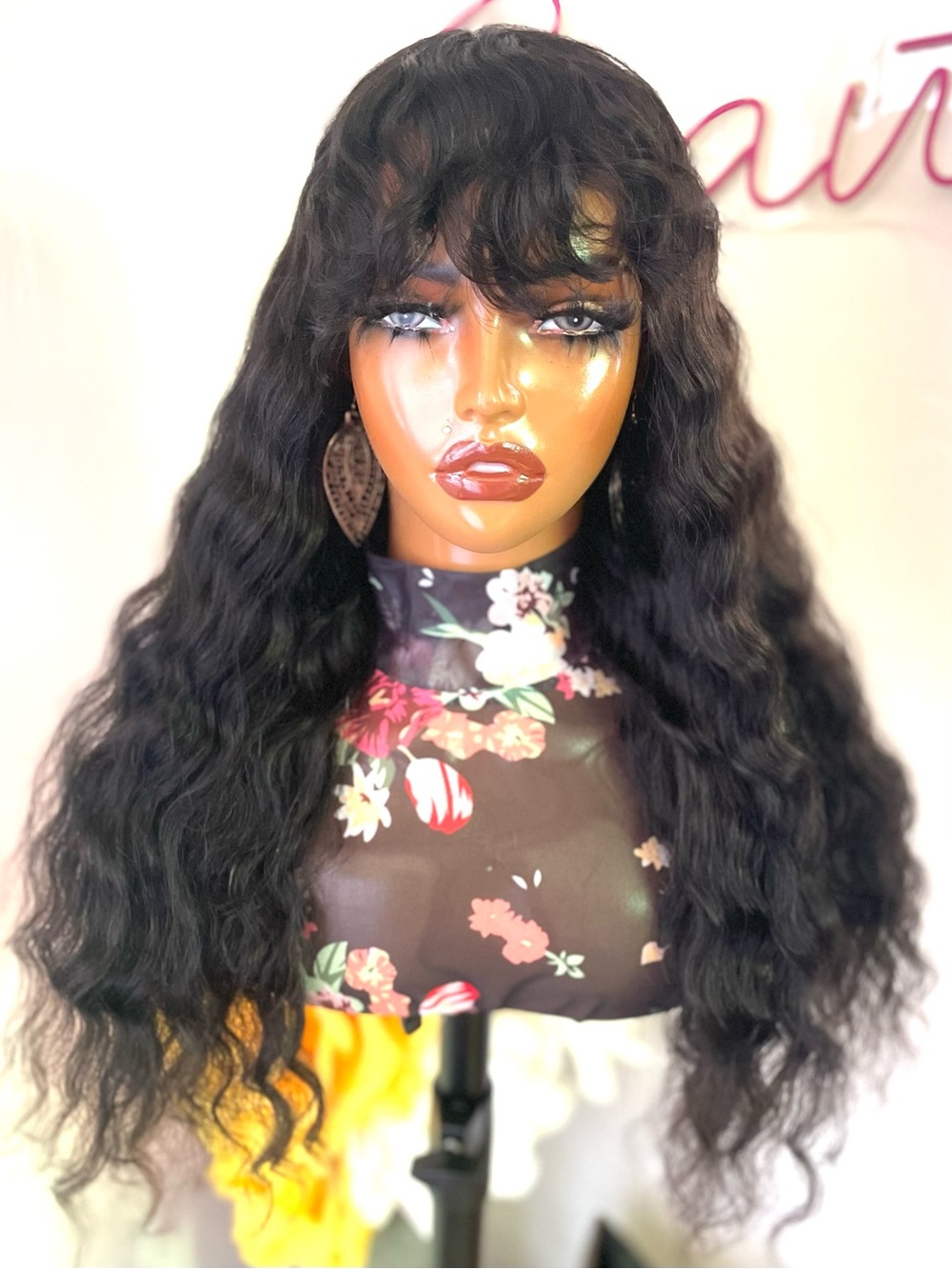 20” Natural Wavy Bangs 100% Human Hair 4x4 Silk Base Lace Wig
